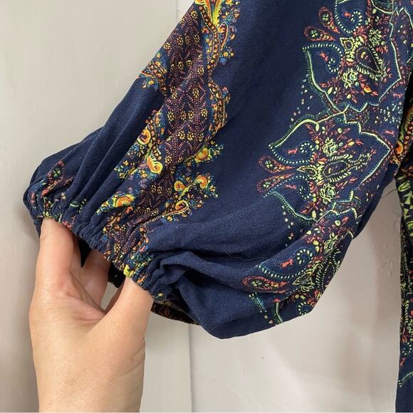 Free People Blue & Green Floral Paisley Balloon Sleeve Tunic Mini Dress XS - Picture 6 of 11